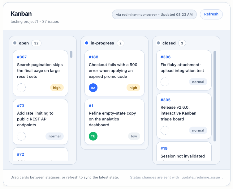 Interactive Kanban board rendered in the chat by show_triage_board, with issue cards grouped in open, in-progress, and closed columns